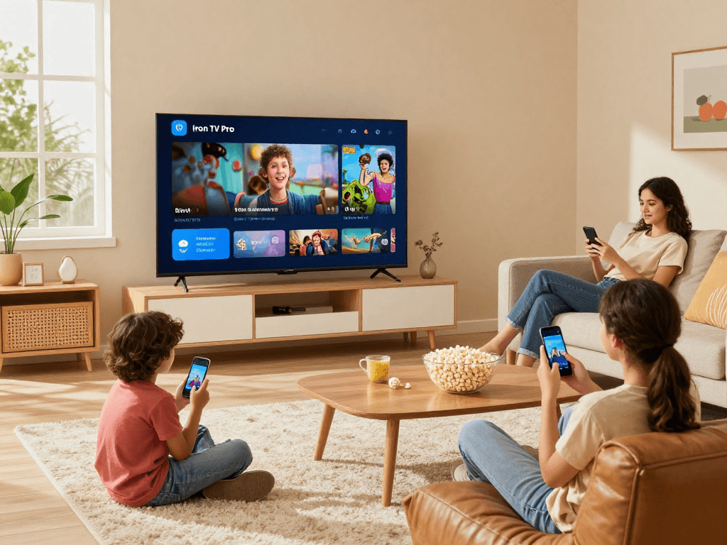 Profitez de l'expérience Iron TV Pro à domicile avec une famille regardant un film.