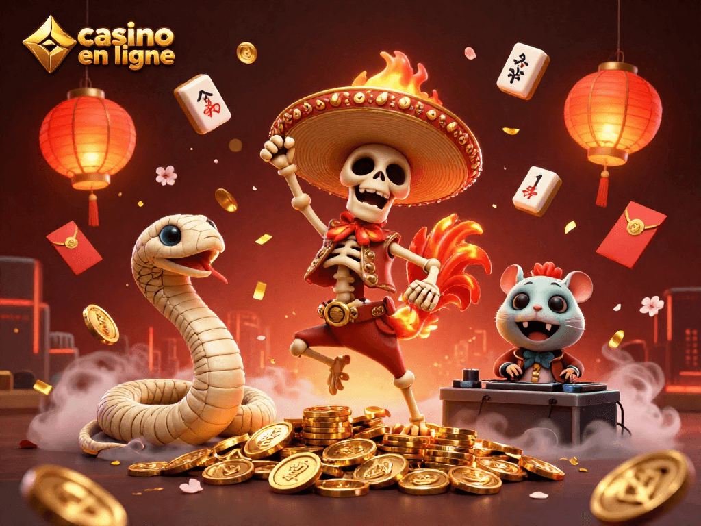 Danse de victoire sur une pile de pièces d'or au casino en ligne avec un squelette mariachi, un serpent momifié et un DJ hamster.