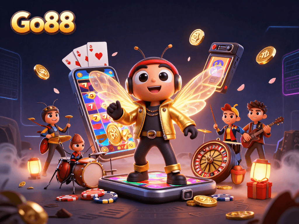 Experience exciting gameplay at Go88 with a dynamic illustration featuring a rock star cicada and vibrant casino elements.