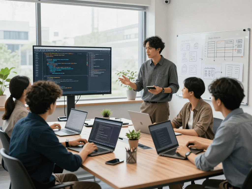Équipe dynamique discutant autour de solutions logicielles Atlas pro dans un bureau moderne, avec des ordinateurs portables et des croquis.