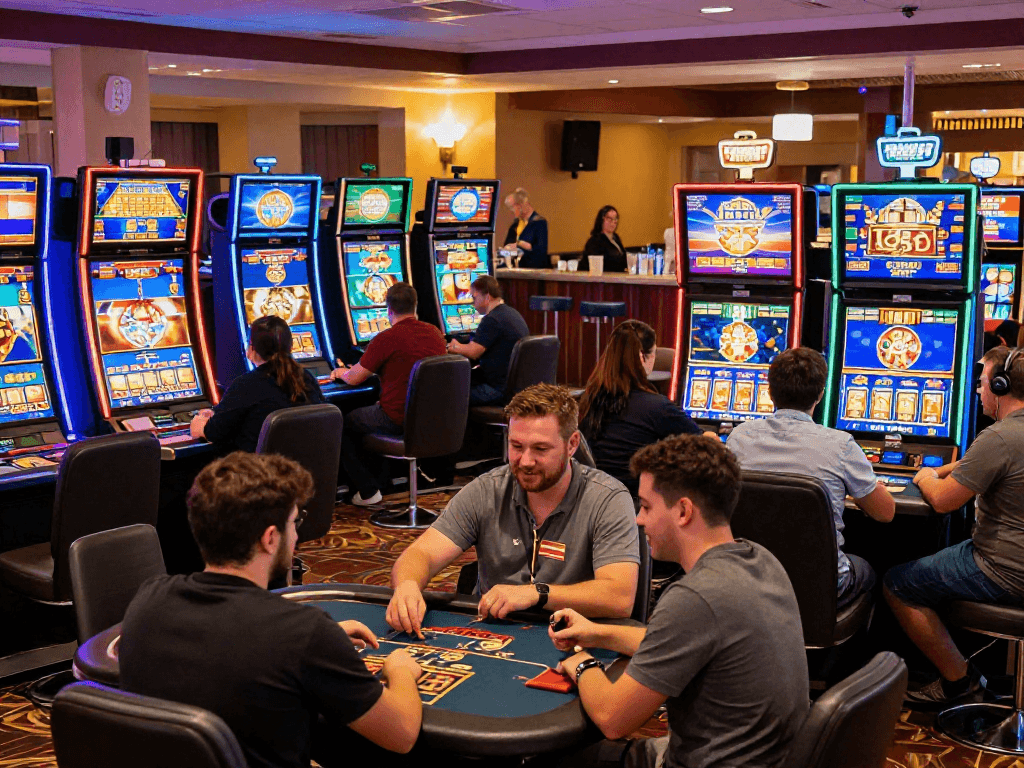 Ambiance dynamique d'un casino en ligne avec des joueurs engagés jouant à divers jeux et machines à sous.